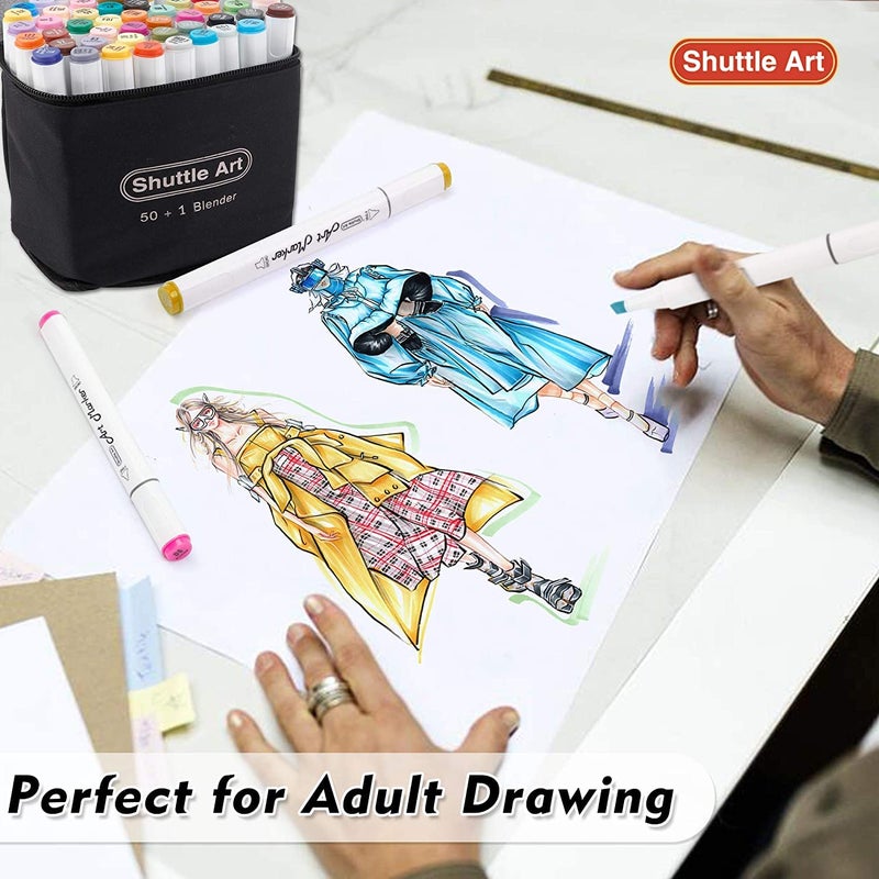 شاتل أرت Shuttle Art 51 لونًا، أقلام تحديد فنية تعتمد على الكحول بطرف مزدوج، 50 لونًا بالإضافة إلى 1 أقلام تحديد دائمة للخلاط مع حافظة مثالية للتوضيح ورسم التلوين للبالغين وصنع البطاقات - Image 5